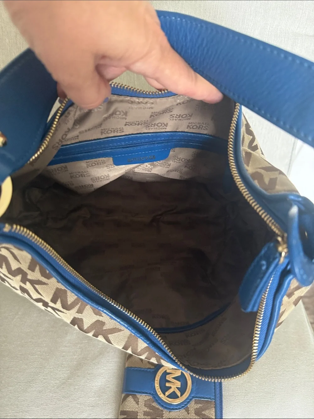 MK Signature Monogram Hobo Shoulder Bag + Zip Around Wallet Set Blue Leather